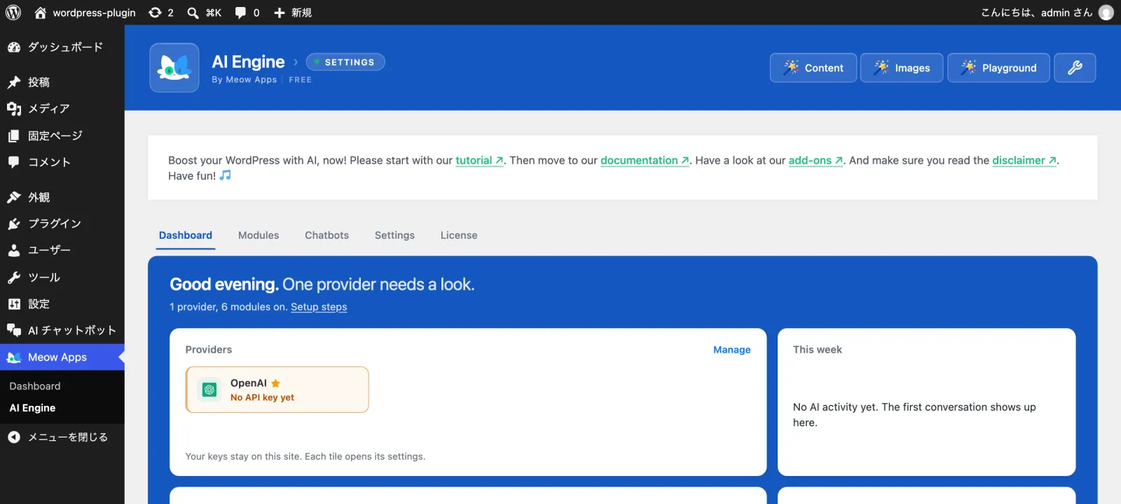 AI Engine의 관리자 화면. 공급자 항목에 OpenAI가 'No API key yet'으로 표시되어, AI를 쓰려면 직접 API 키를 등록해야 함을 알 수 있다. WordPress 자체는 일본어로 설정되어 있지만 플러그인 화면은 영어 그대로다